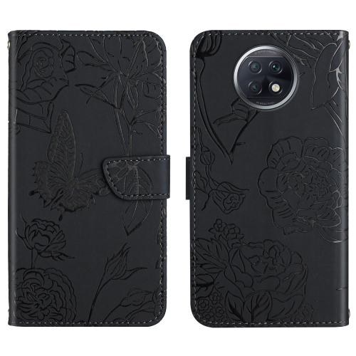 

For Xiaomi Redmi Note 9 5G Skin Feel Butterfly Peony Embossed Leather Phone Case(Black)