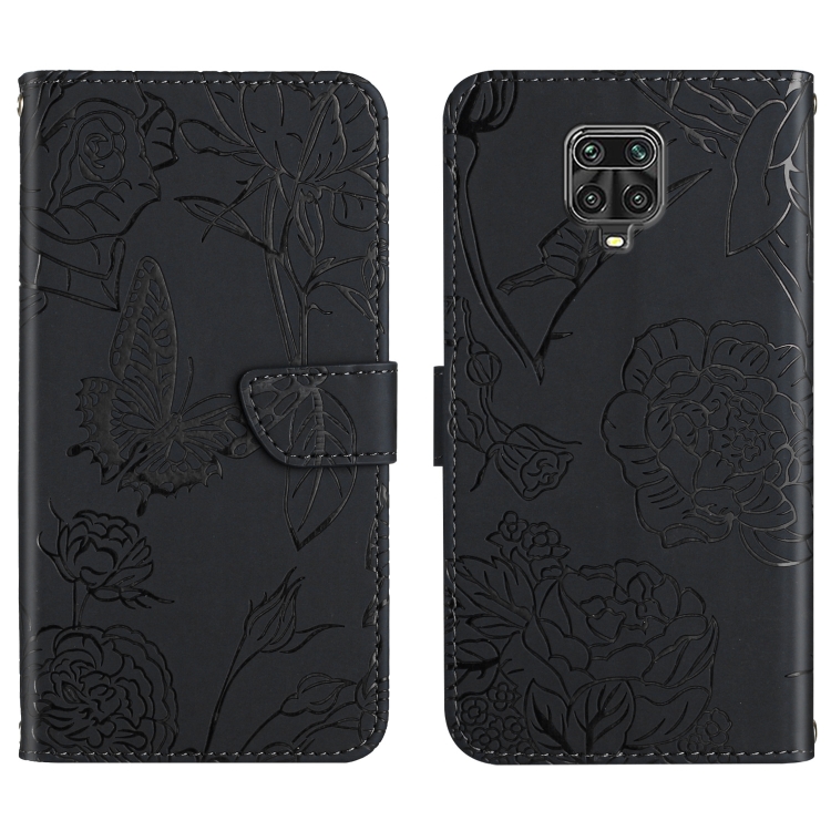 

For Xiaomi Redmi Note 9 Pro Skin Feel Butterfly Peony Embossed Leather Phone Case(Black)