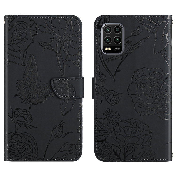 

For Xiaomi Mi 10 Lite 5G Skin Feel Butterfly Peony Embossed Leather Phone Case(Black)