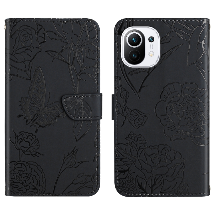 

For Xiaomi Mi 11 Lite Skin Feel Butterfly Peony Embossed Leather Phone Case(Black)