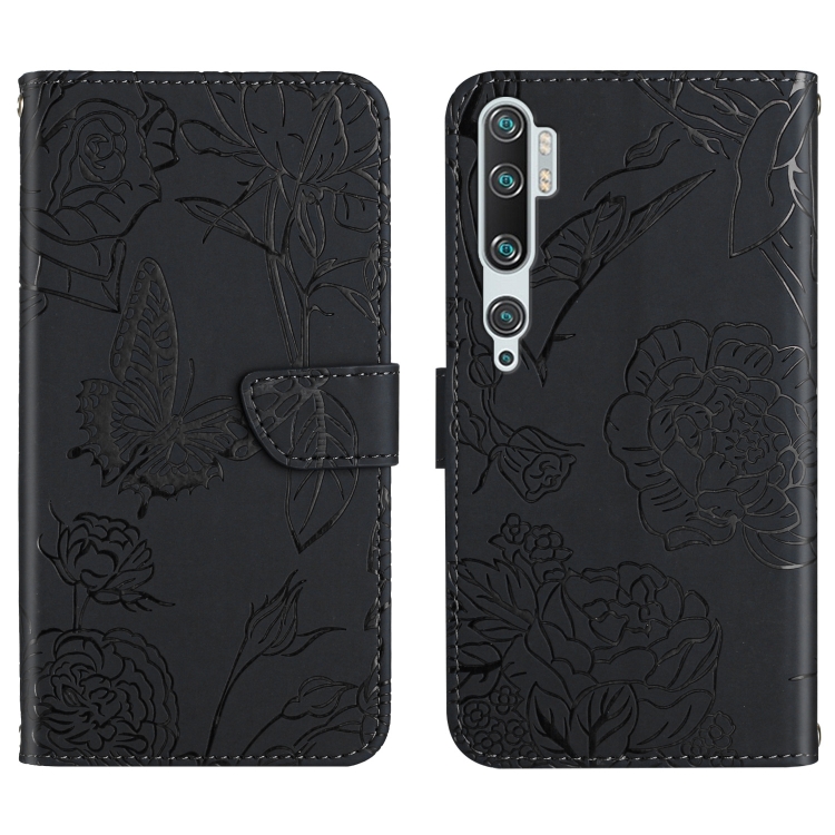 

For Xiaomi Mi Note 10 / Note 10 Pro Skin Feel Butterfly Peony Embossed Leather Phone Case(Black)