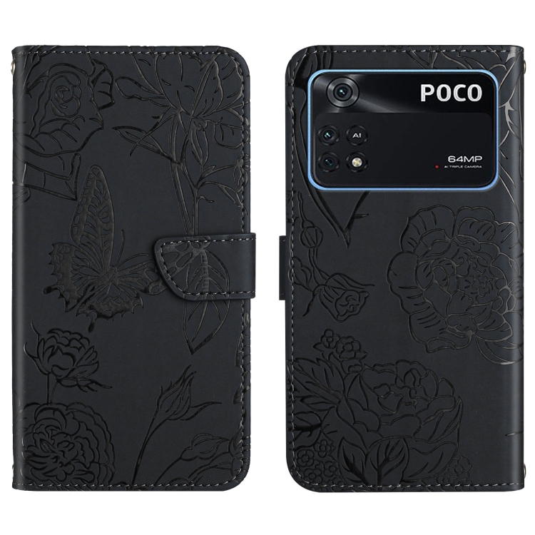 

For Xiaomi Poco M4 Pro 4G Skin Feel Butterfly Peony Embossed Leather Phone Case(Black)
