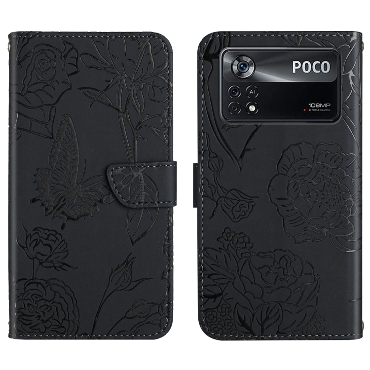 

For Xiaomi Poco X4 Pro 5G Skin Feel Butterfly Peony Embossed Leather Phone Case(Black)