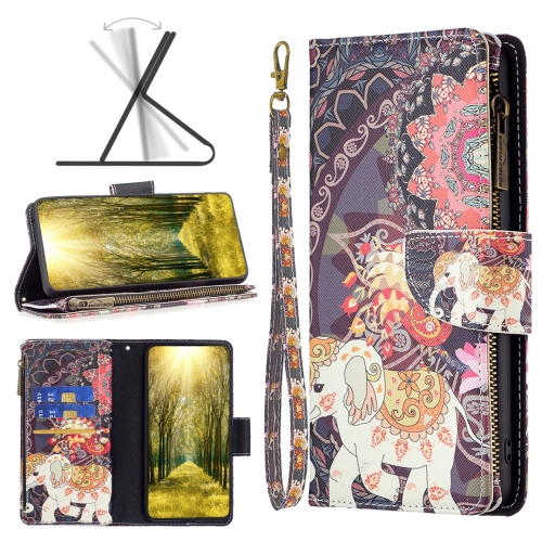 

For Xiaomi Redmi 10C Colored Drawing Pattern Zipper Leather Phone Case(Flower Elephants)
