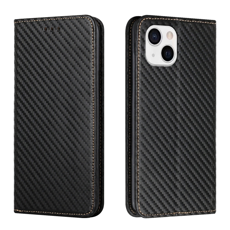 

For iPhone 13 Carbon Fiber Texture Flip Holder Leather Phone Case(Black)