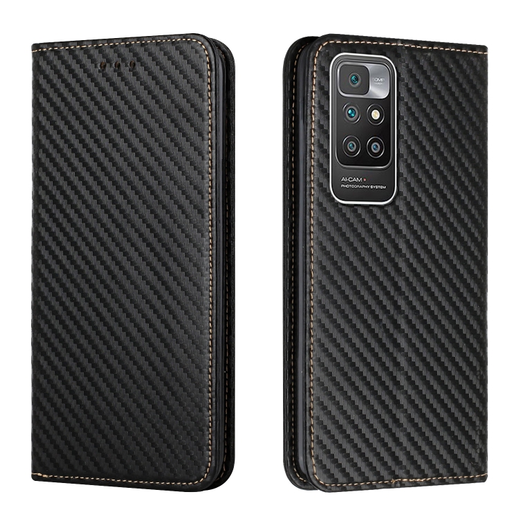 

For Xiaomi Redmi 10 Carbon Fiber Texture Flip Holder Leather Phone Case(Black)