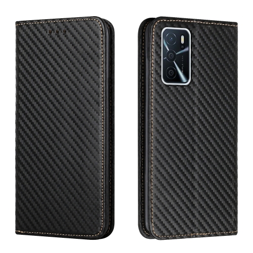 

For OPPO A16 Carbon Fiber Texture Flip Holder Leather Phone Case(Black)