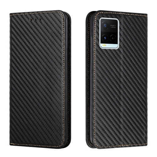 

For vivo Y21 Carbon Fiber Texture Flip Holder Leather Phone Case(Black)