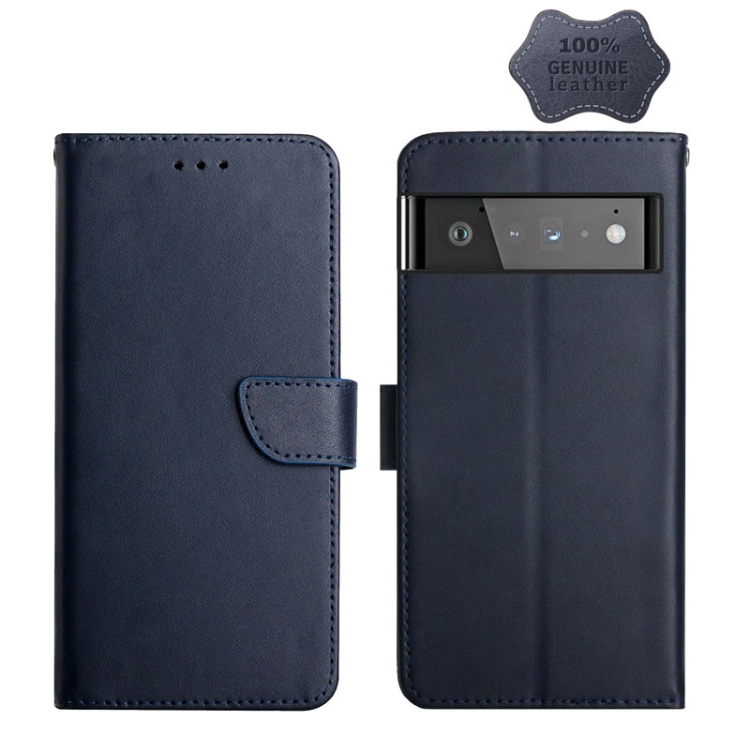 

For Google Pixel 6 Genuine Leather Fingerprint-proof Horizontal Flip Phone Case(Blue)