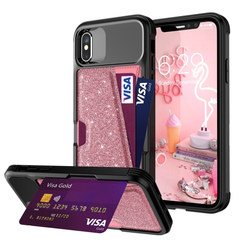 

Glitter Magnetic Card Bag Leather Case For iPhone X / XS(Pink)