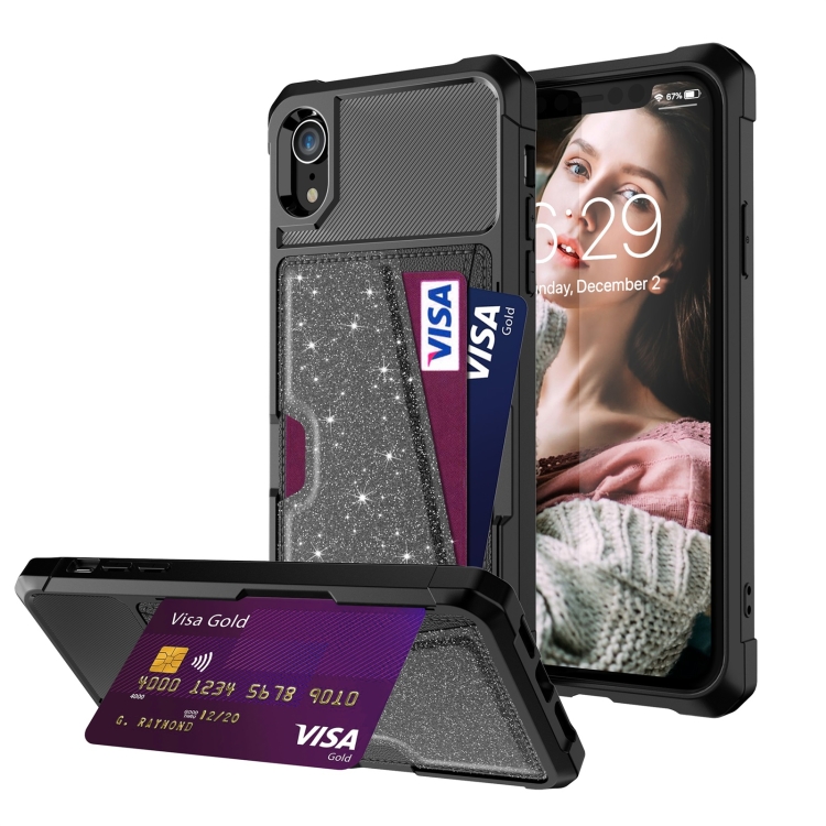 

Glitter Magnetic Card Bag Phone Case For iPhone XR(Black)
