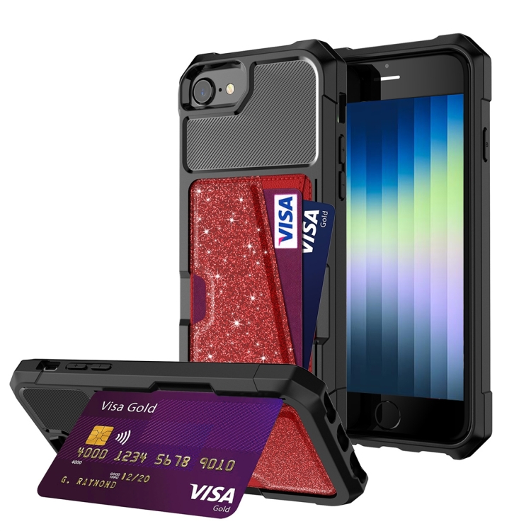 

Glitter Magnetic Card Bag Phone Case For iPhone SE 2022 / SE 2020 / 7 / 8(Black)