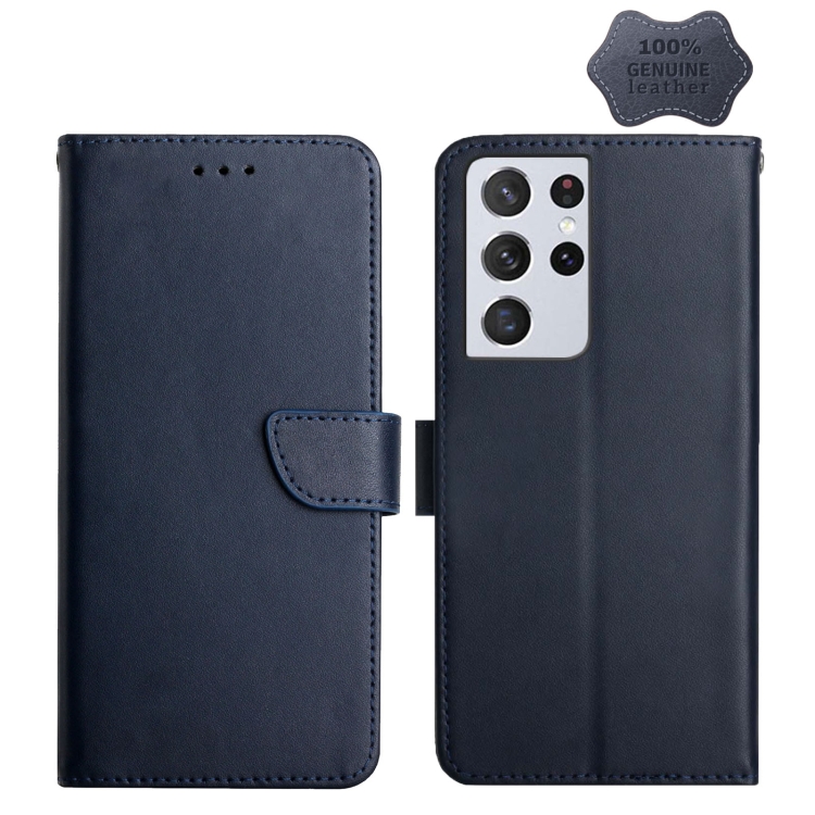 

For Samsung Galaxy S21 Ultra 5G Genuine Leather Fingerprint-proof Horizontal Flip Phone Case(Blue)
