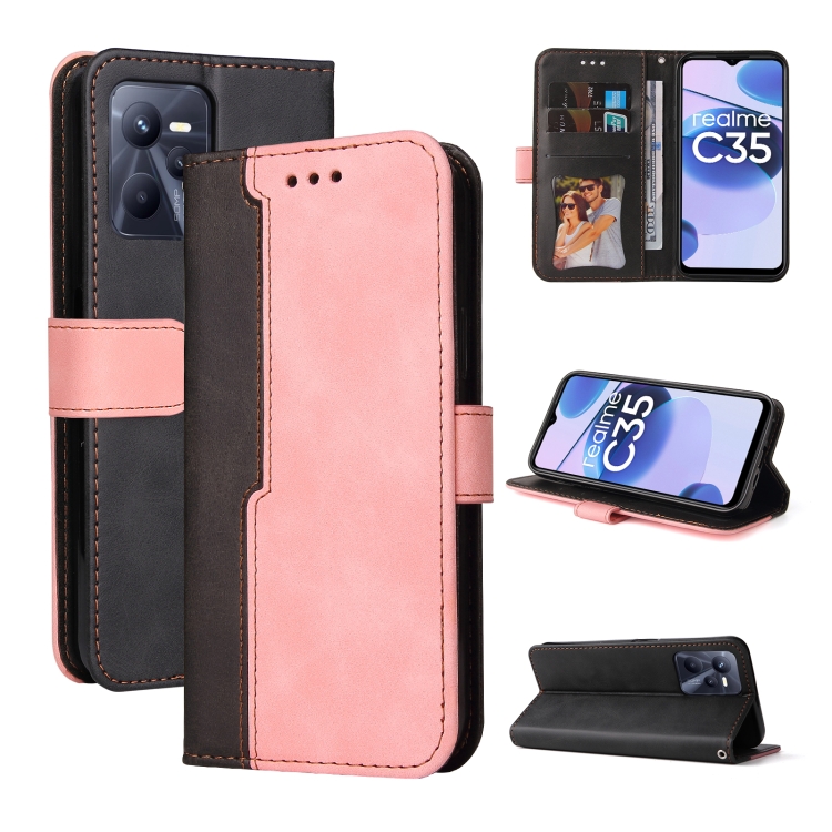 

For OPPO Realme C35 Stitching-Color Horizontal Flip Leather Case(Pink)