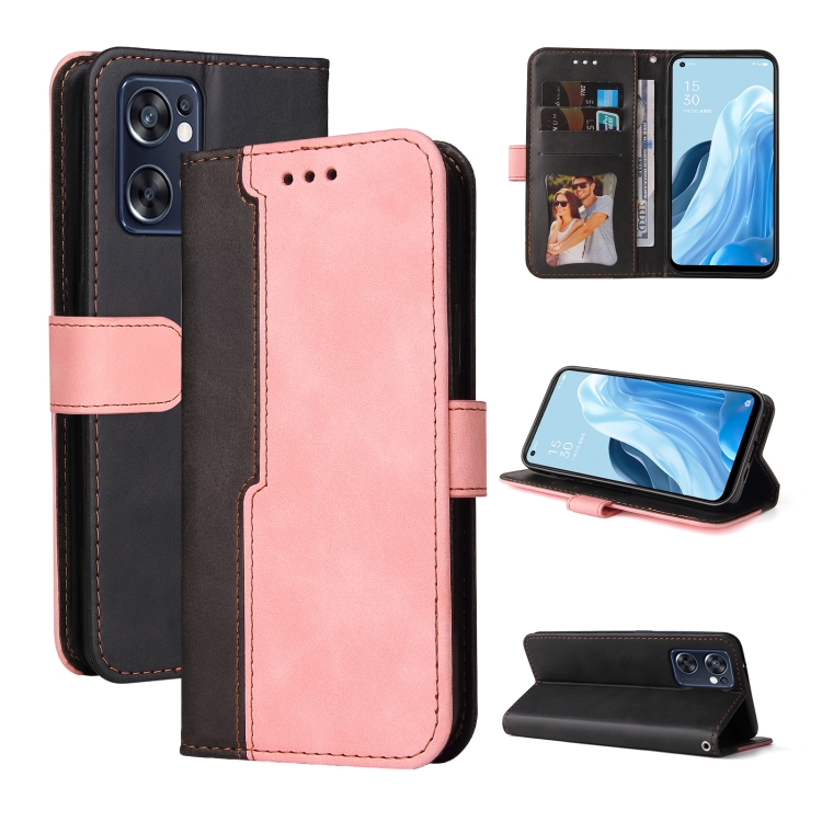 

For OPPO Reno7 SE 5G Stitching-Color Horizontal Flip Leather Case(Pink)