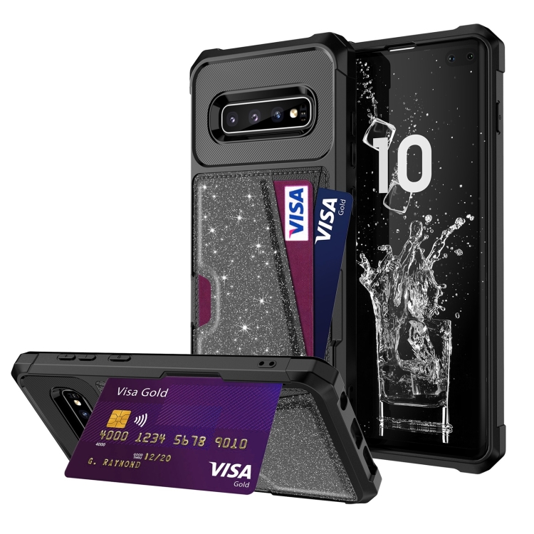 

For Samsung Galaxy S10+ Glitter Magnetic Card Bag Phone Case(Black)