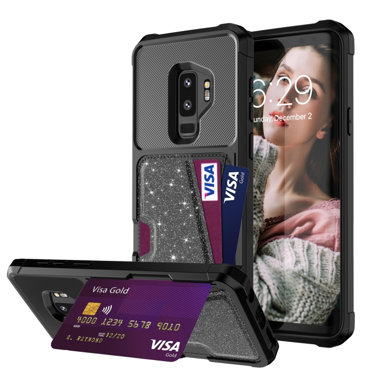 

For Samsung Galaxy S9+ Glitter Magnetic Card Bag Phone Case(Black)