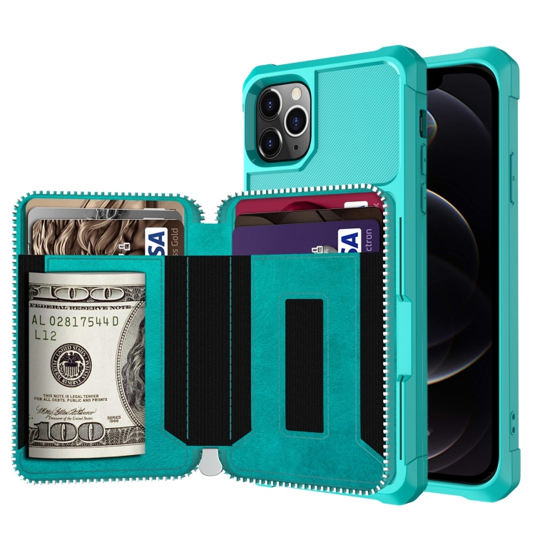 

Zipper Wallet Card Bag PU Back Case For iPhone 12 / 12 Pro(Green)