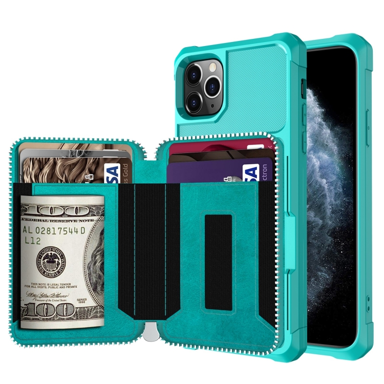 

Zipper Wallet Card Bag PU Back Case For iPhone 11 Pro(Green)