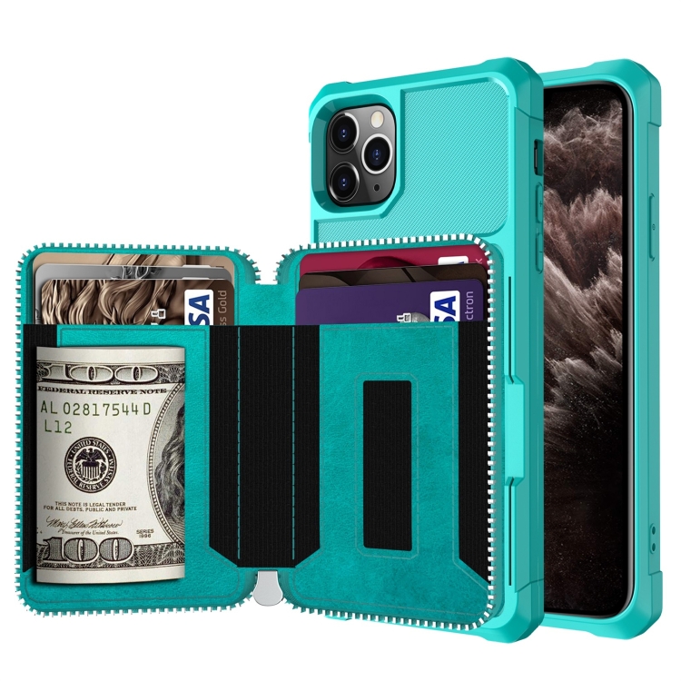 

Zipper Wallet Card Bag PU Back Case For iPhone 11 Pro Max(Green)