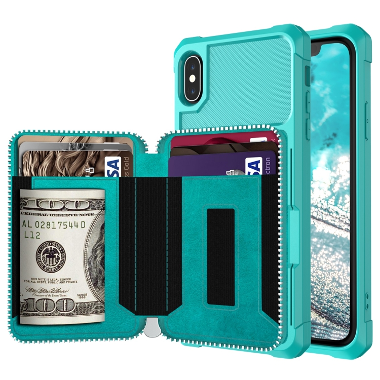 

For iPhone XR Zipper Wallet Card Bag PU Back Case(Green)