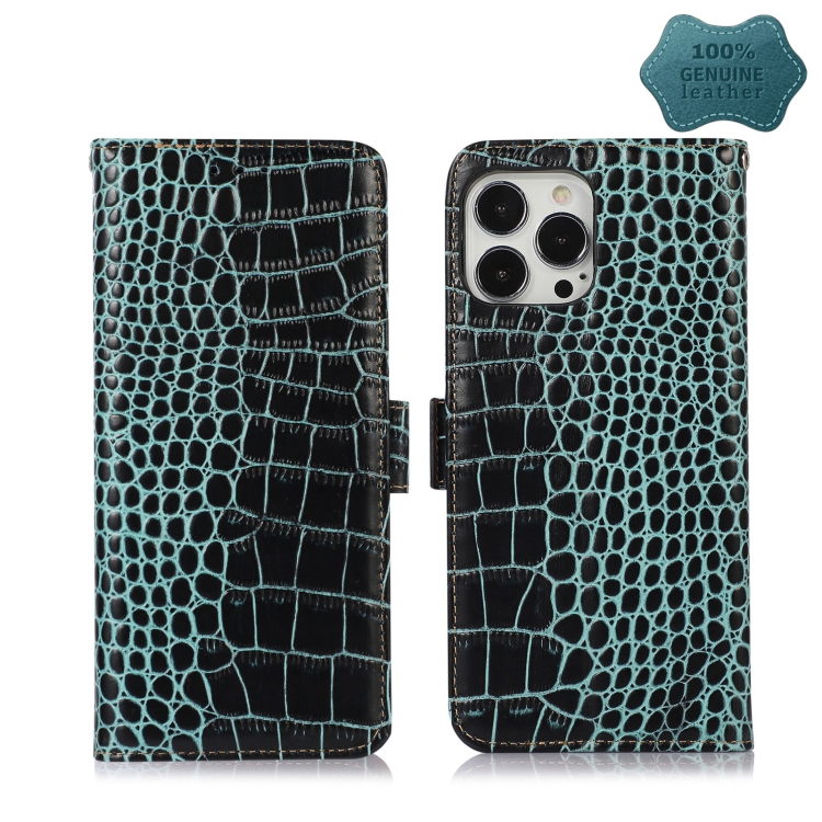 

Crocodile Top Layer Cowhide Leather Phone Case For iPhone 13 Pro(Green)