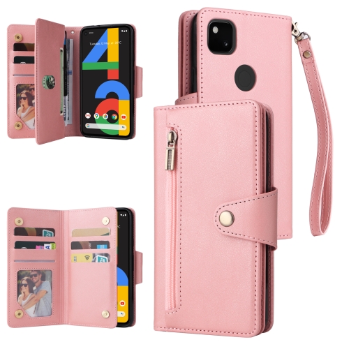 

For Google Pixel 4A 4G Rivet Buckle 9 Cards Three Fold Leather Phone Case(Rose Gold)