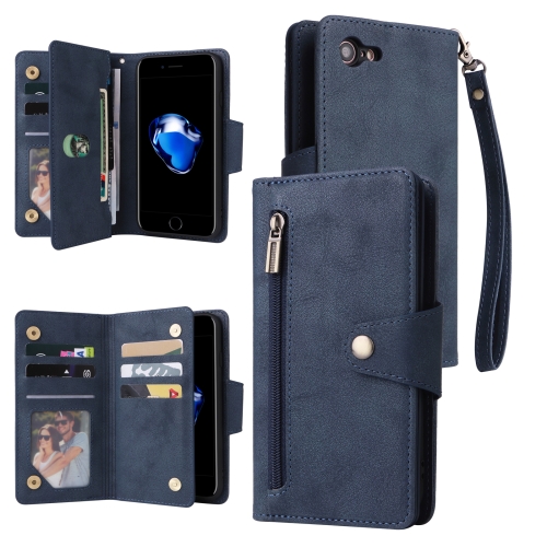 

For iPhone SE 2022 / SE 2020 / 8 / 7 Rivet Buckle 9 Cards Three Fold Leather Phone Case(Blue)