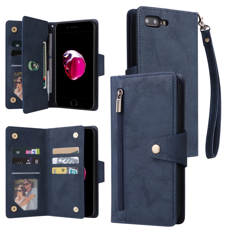 

Rivet Buckle 9 Cards Three Fold Leather Phone Case For iPhone 7 Plus/8 Plus(Blue)