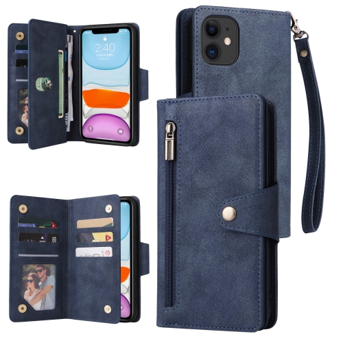

For iPhone 11 Rivet Buckle 9 Cards Three Fold Leather Phone Case (Blue)
