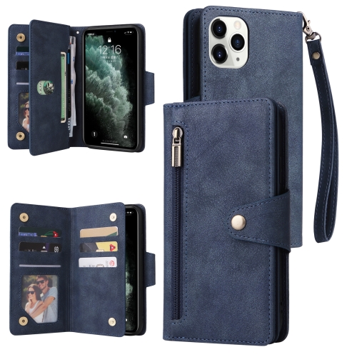

Rivet Buckle 9 Cards Three Fold Leather Phone Case For iPhone 11 Pro(Blue)