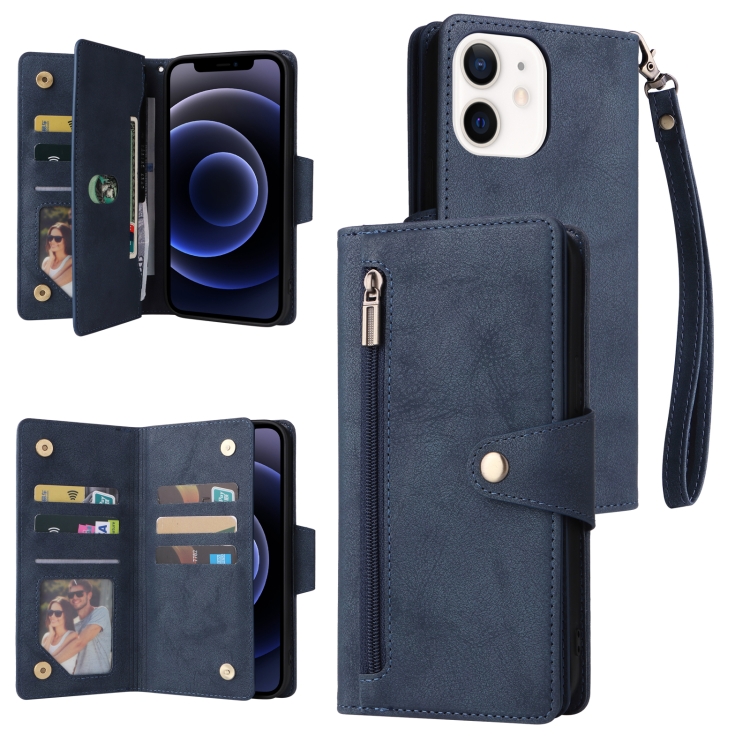 

For iPhone 12 Rivet Buckle 9 Cards Three Fold Leather Phone Case(Blue)
