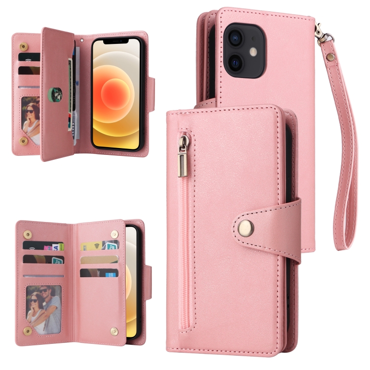 

For iPhone 12 mini Rivet Buckle 9 Cards Three Fold Leather Phone Case (Rose Gold)