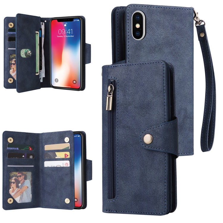 

Rivet Buckle 9 Cards Three Fold Leather Phone Case For iPhone X/XS(Blue)