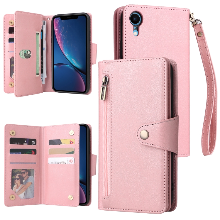 

Rivet Buckle 9 Cards Three Fold Leather Phone Case For iPhone XR(Rose Gold)