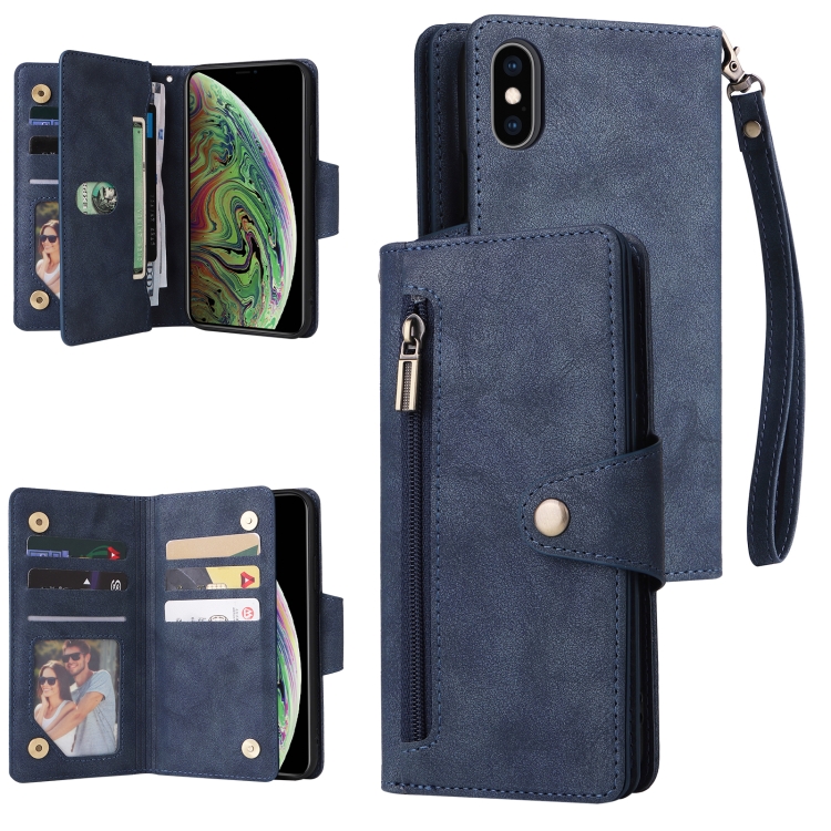 

Rivet Buckle 9 Cards Three Fold Leather Phone Case For iPhone XS Max(Blue)
