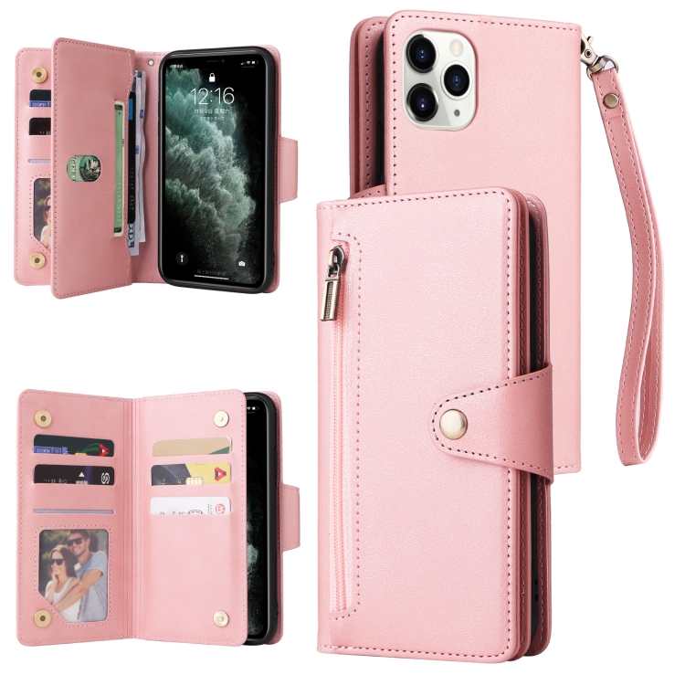 

Rivet Buckle 9 Cards Three Fold Leather Phone Case For iPhone 11 Pro Max(Rose Gold)