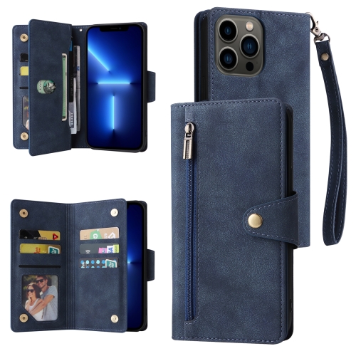

Rivet Buckle 9 Cards Three Fold Leather Phone Case For iPhone 13 Pro(Blue)