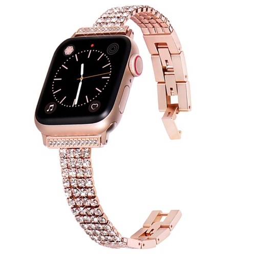 

Four-row Diamond-set Metal Watch Band For Apple Watch Ultra 49mm / Series 8&7 45mm / SE 2&6&SE&5&4 44mm / 3&2&1 42mm(Rose Gold)