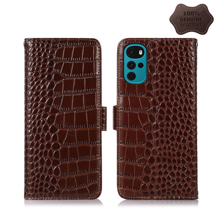 

For Motorola Moto G22 Crocodile Top Layer Cowhide Leather Phone Case(Brown)