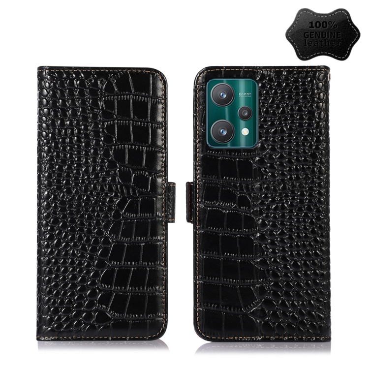 

For OPPO Realme 9 Pro Crocodile Top Layer Cowhide Leather Phone Case(Black)