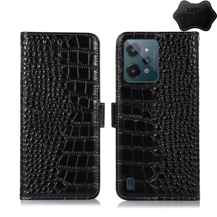 

For OPPO Realme C31 4G Crocodile Top Layer Cowhide Leather Phone Case(Black)