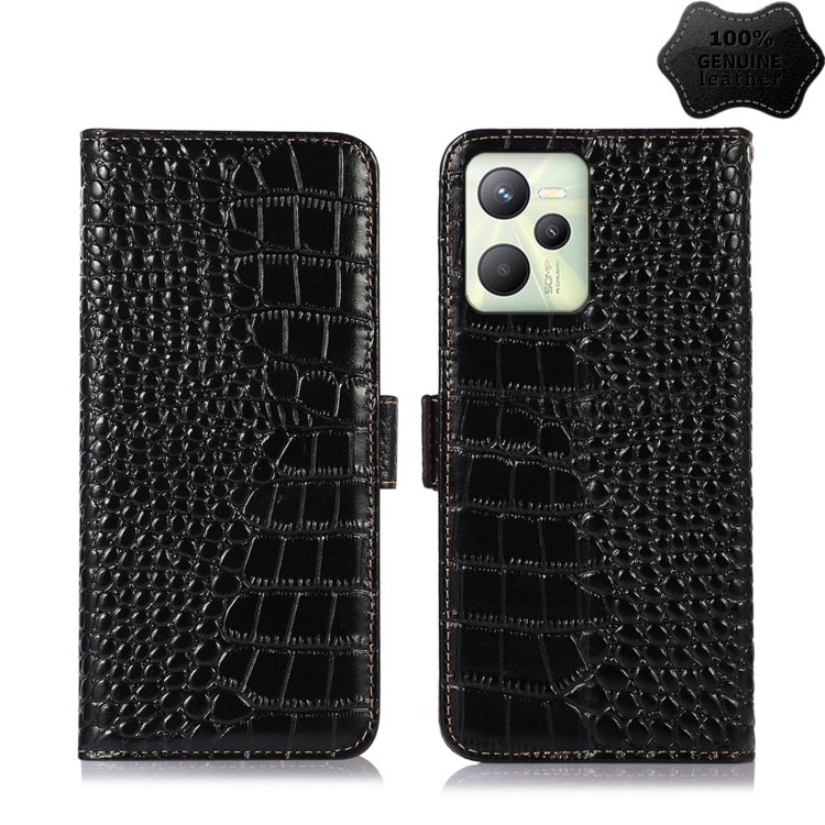 

For OPPO Realme C35 4G Crocodile Top Layer Cowhide Leather Phone Case(Black)
