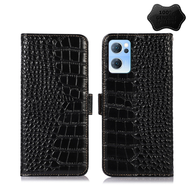 

For OPPO Reno7 5G CN Version Crocodile Top Layer Cowhide Leather Phone Case(Black)