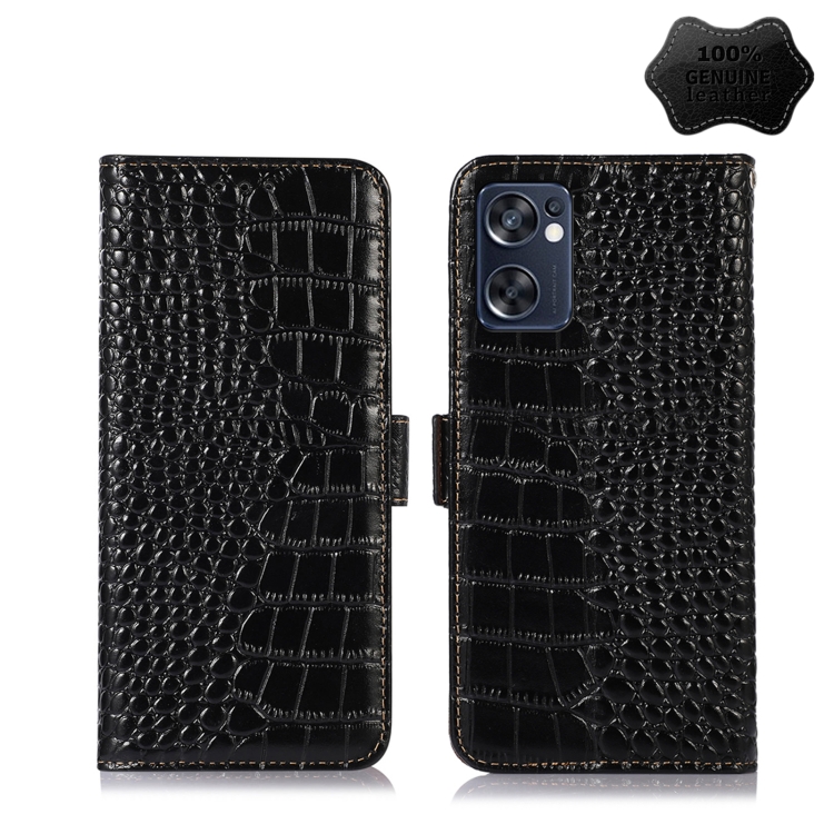 

For OPPO Reno7 SE 5G Crocodile Top Layer Cowhide Leather Phone Case(Black)