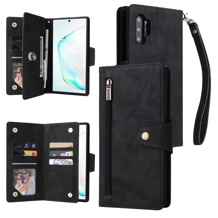 

For Samsung Galaxy Note10+ Rivet Buckle 9 Cards Three Fold Leather Phone Case(Black)