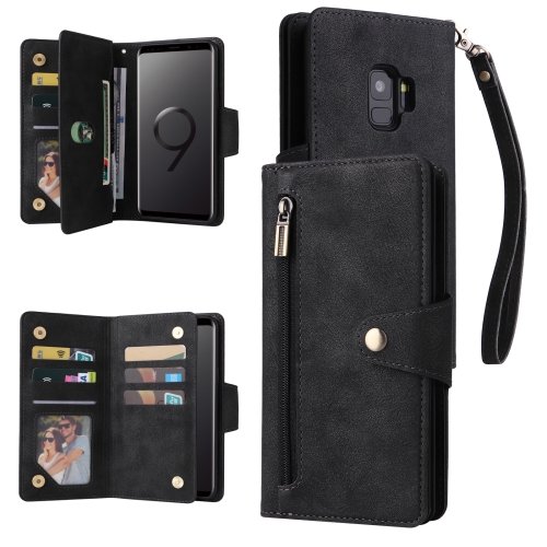 

For Samsung Galaxy S9 Rivet Buckle 9 Cards Three Fold Leather Phone Case(Black)
