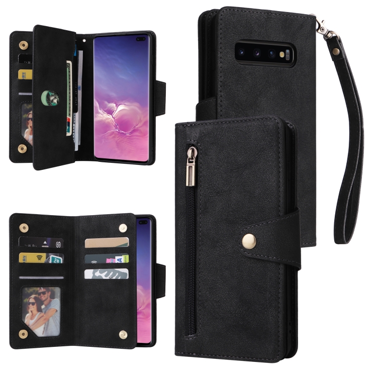

For Samsung Galaxy S10+ Rivet Buckle 9 Cards Three Fold Leather Phone Case(Black)