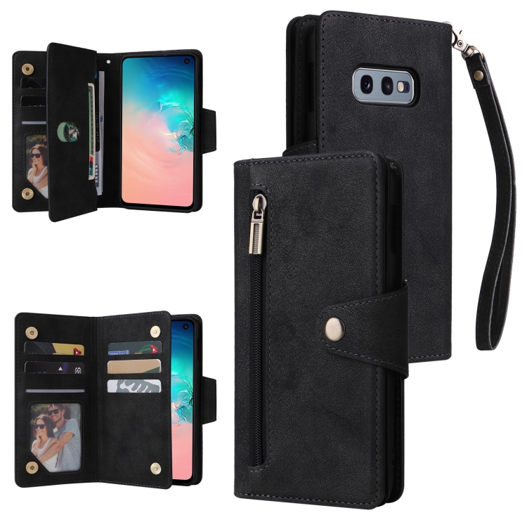 

For Samsung Galaxy S10e Rivet Buckle 9 Cards Three Fold Leather Phone Case(Black)