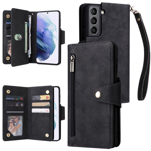 

For Samsung Galaxy S21 5G Rivet Buckle 9 Cards Three Fold Leather Phone Case(Black)